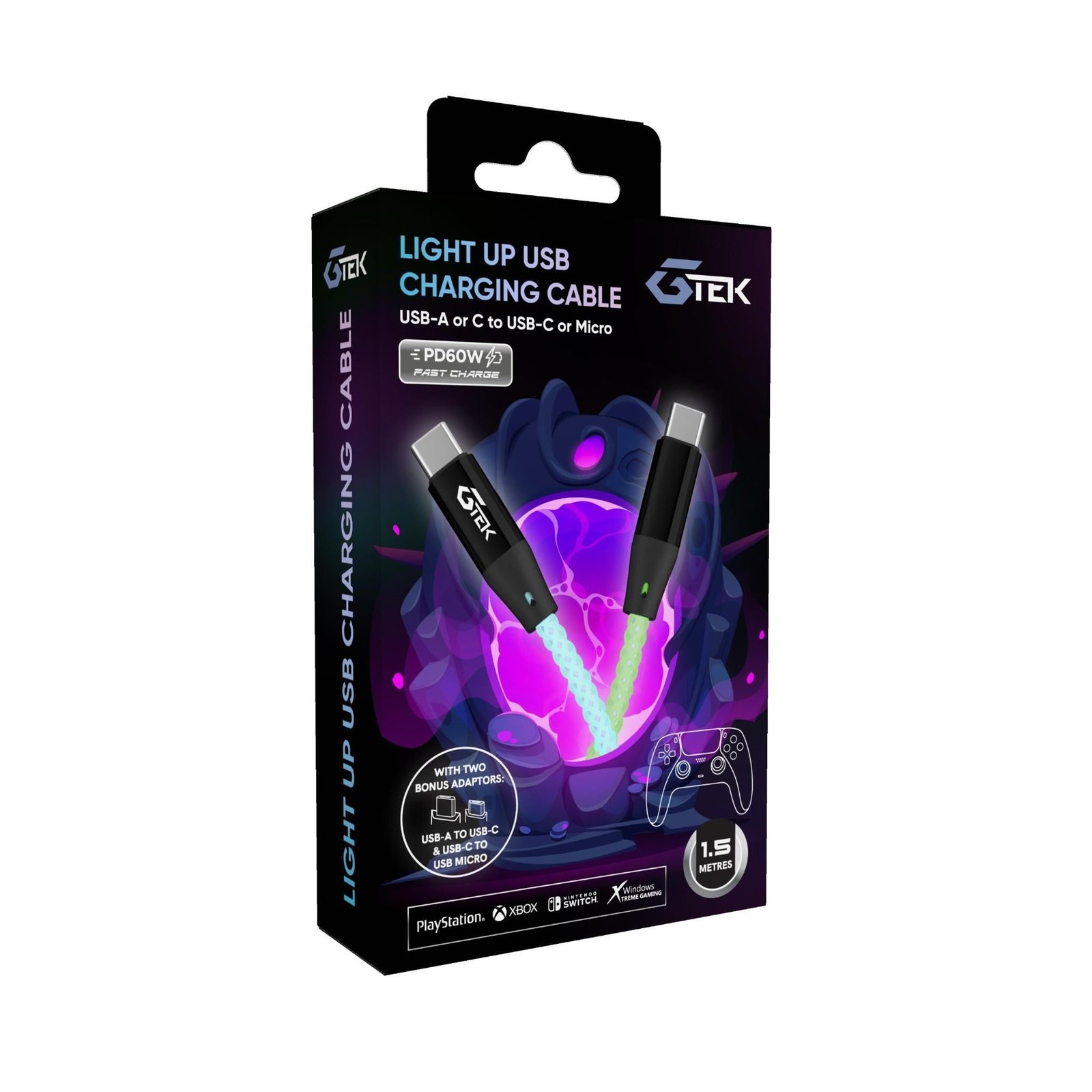 749696-Product-0-I-639088741805711924.jpg G-Tek 1.5 Metre Light up USB Charging Cable (USB-A or C to USB-C or Micro) - Image 1