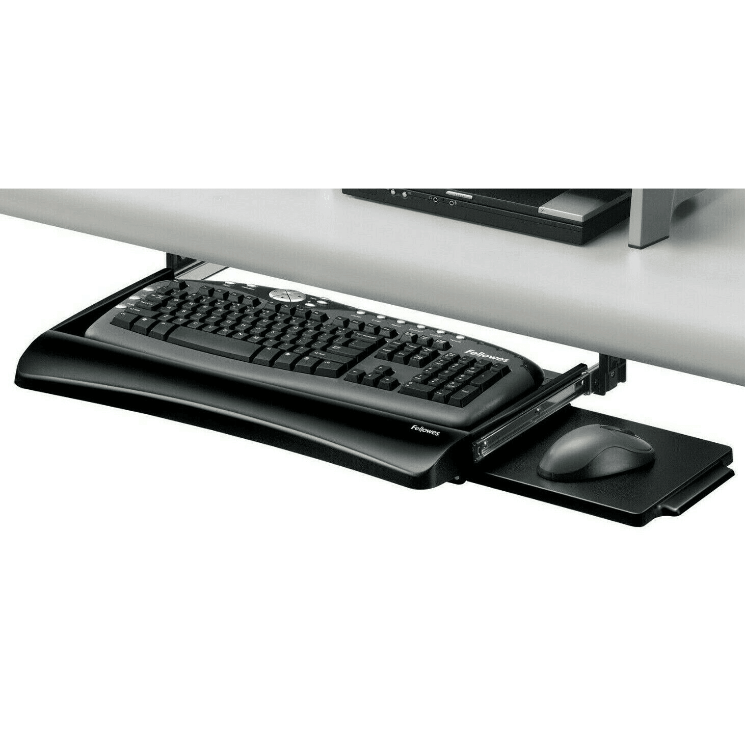 c1ff9dbda0c34624b57a00e6e8a34ff4.png Fellowes Keyboard Underdesk Drawer Office Steel Black Mouse Tray - Image 1